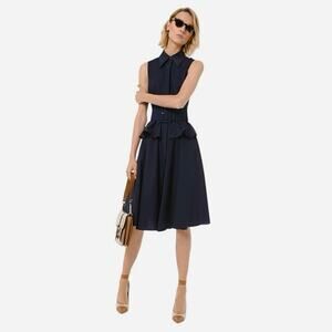 MICHAEL KORS COLLECTION Cotton Poplin Peplum Sleeveless Shirtdress Navy EUC Sz 4